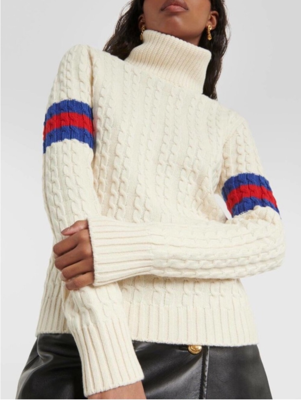 Gucci Cream Cable-Knit Turtleneck Sweater w Blue/Red Sleeve Stripes New w tag!